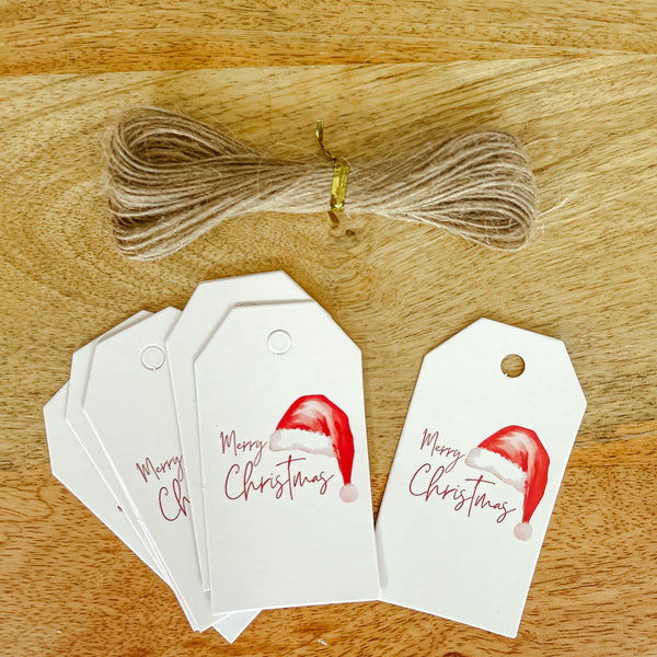 10 x Christmas Gift Tags Merry Christmas with Santa Hat
