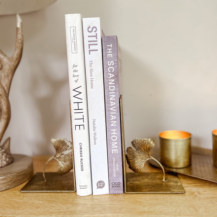 Pair of Antique Gold Bookends Lotus Leaf Decorative Trays- Burrow and Nest Interiors -  Home Decor Gift Shop