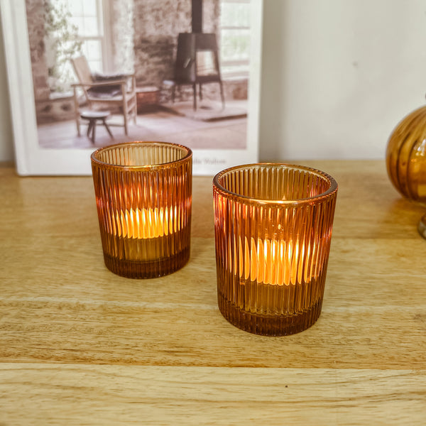 Amber Brown Glass Tea Light Holder Ribbed Design