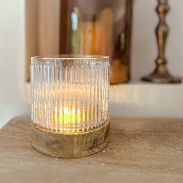 Glass & Wood Ribbed Candle Holder 10cm