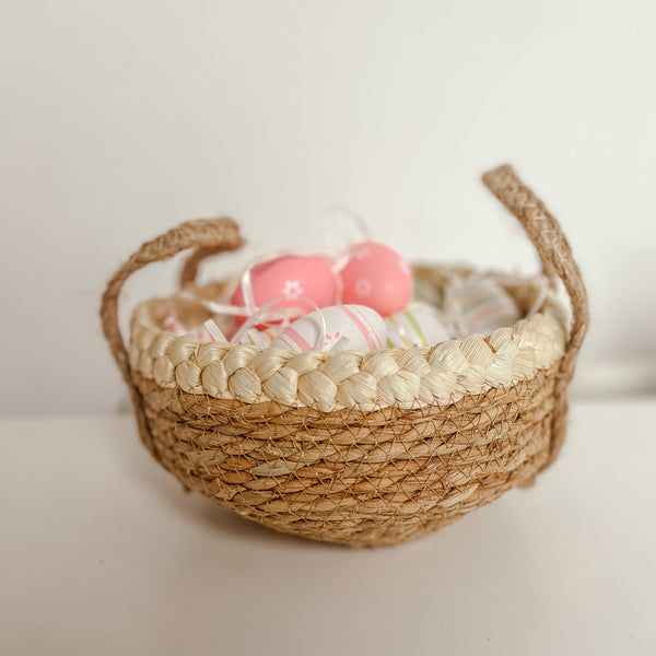 Round Storage Basket with Cream Braid and Handles (2 sizes)