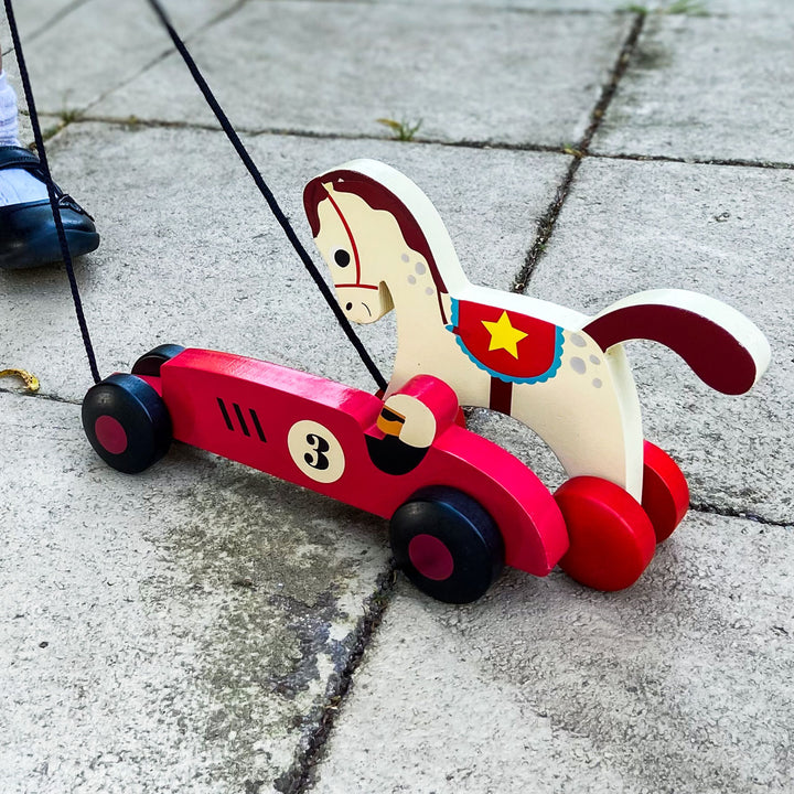 Children's Wooden Toy Pull Along Vintage Racing Car - Children's Gift - BurrowandNest