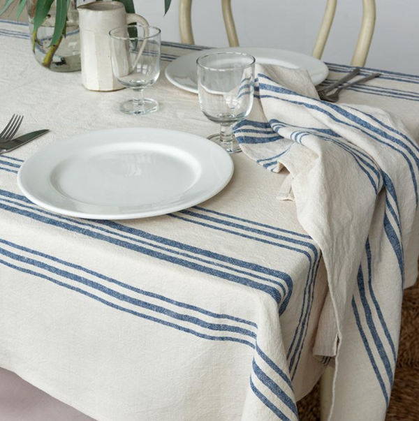 Pure Belgian Linen Tablecloth with Blue Stripe (120 x 180cm) Farmhouse Kitchen