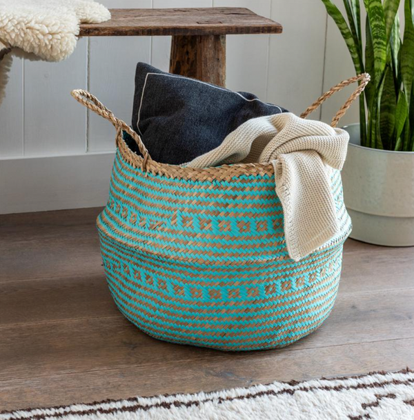Turquoise and Natural Seagrass Belly Basket