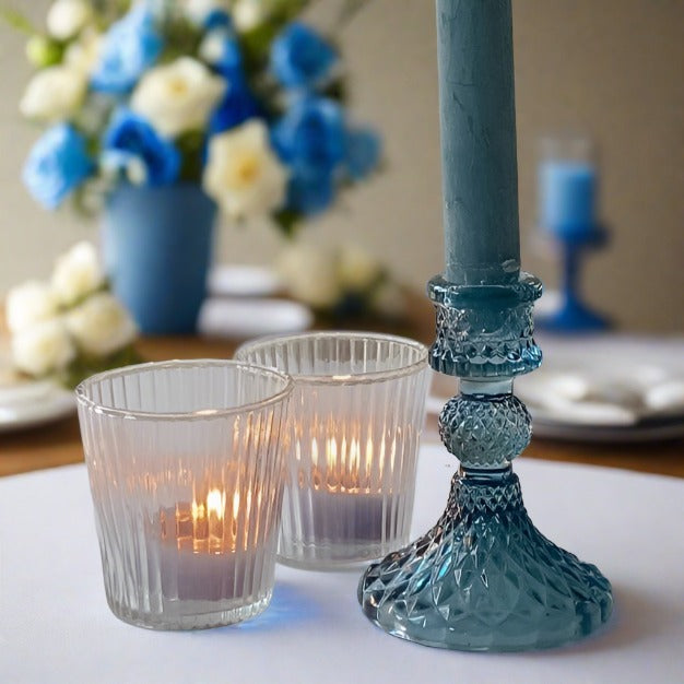 Coloured Pressed Glass Candlesticks - Blue - BurrowandNest