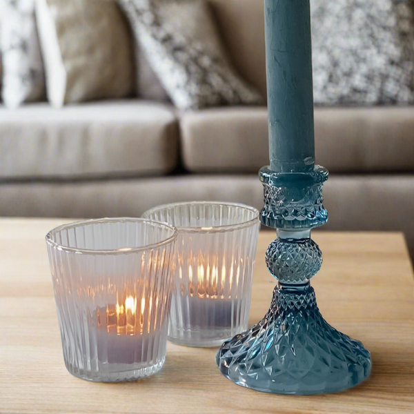 Coloured Pressed Glass Candlesticks - Blue - BurrowandNest