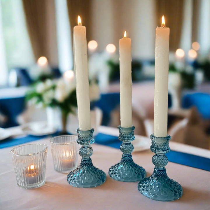 Coloured Pressed Glass Candlesticks - Blue - BurrowandNest