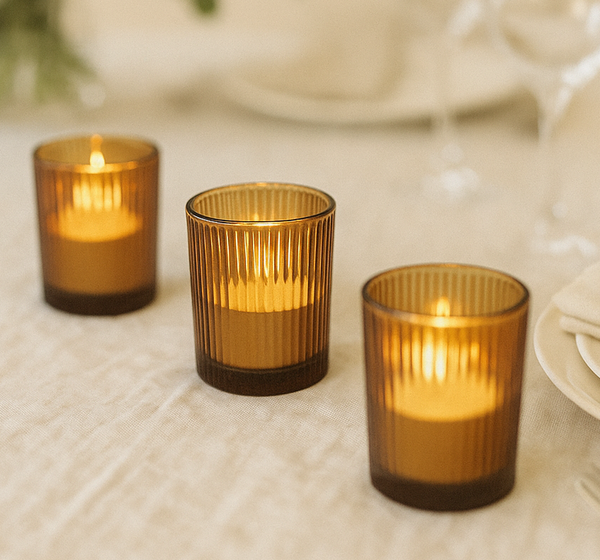 Amber Brown Glass Tea Light Holder Ribbed Design