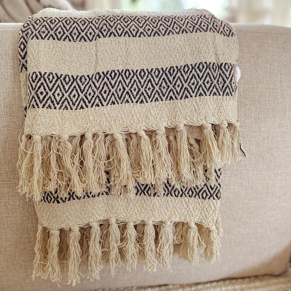 Black and White Cotton Throw with Tassels 150 X 125cm - Scandi Home
