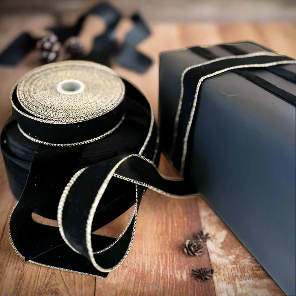 Black Velvet Ribbon with Gold Edges Christmas Gift Wrapping 9m Roll