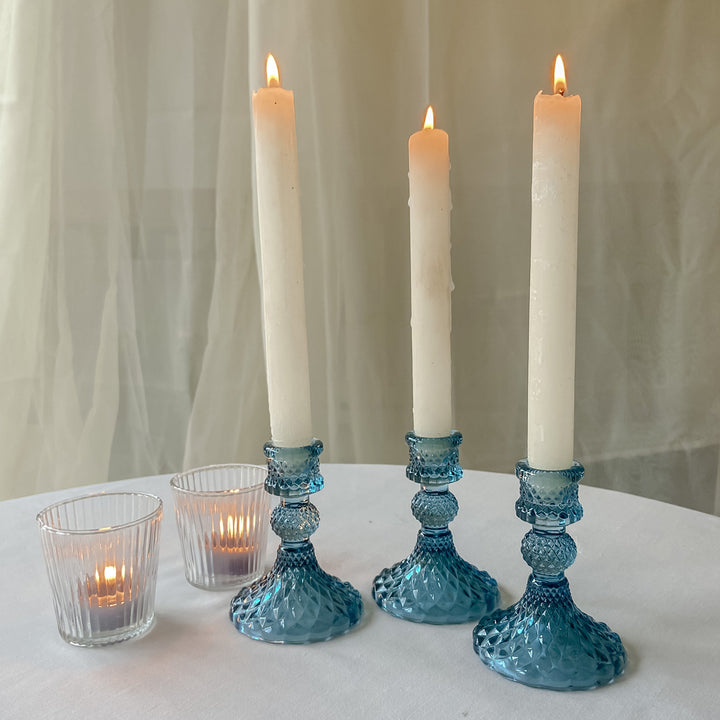 blue coloured glass candlestick holder weddings table decorations home or gifts 1