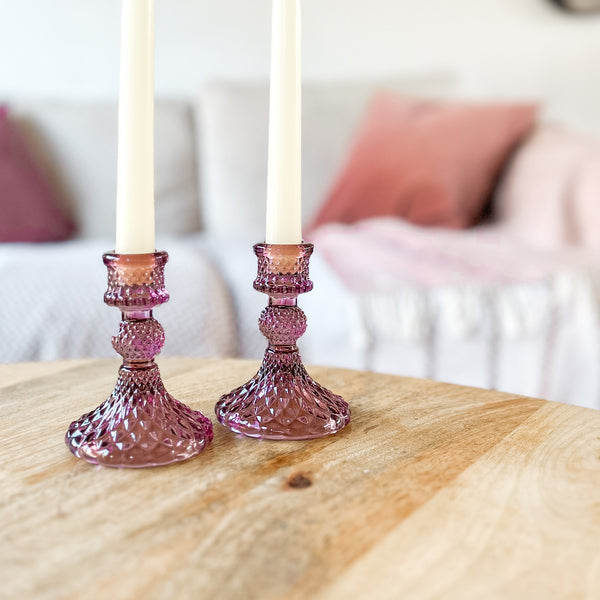 Coloured Pressed Glass Candlestick - Pink