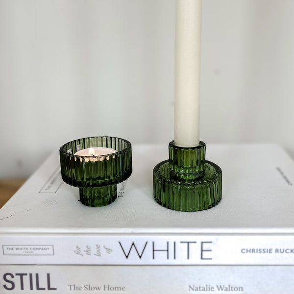 Forest Green Ribbed Glass Candlestick Holder/ Tealight Holder