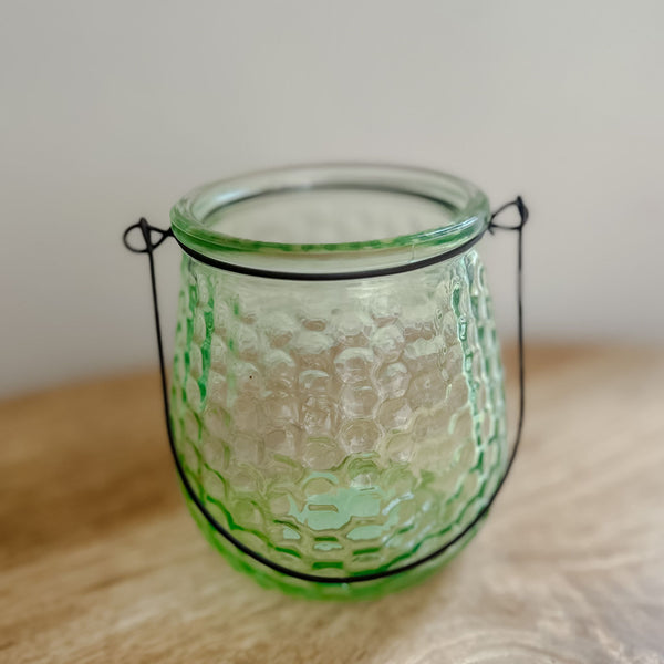Dimpled Green Glass Tea Light Holder / Vase with Handle 11cm