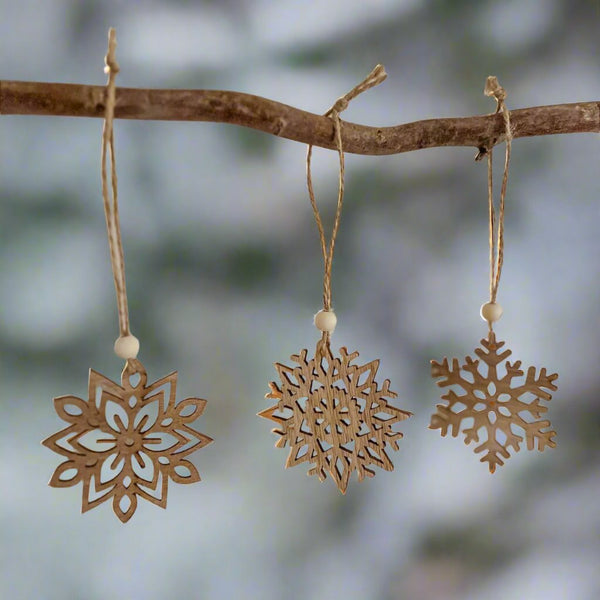 12 x Wooden Snowflakes, Tree Decorations  - Scandi Christmas