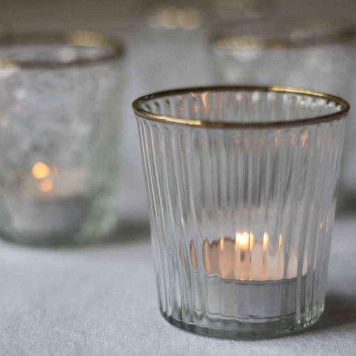 Ribbed Clear Glass Tea Light Holder with Gold Rim - PRE ORDER FOR DELIVERY LATE MARCH - BurrowandNest