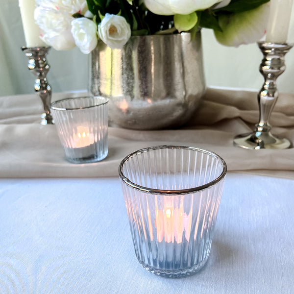 Ribbed Clear Glass Tea Light Holder  with Silver Rim
