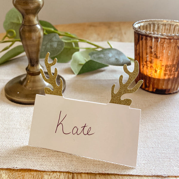 10 x Gold Glitter Paper Place Cards with Antlers
