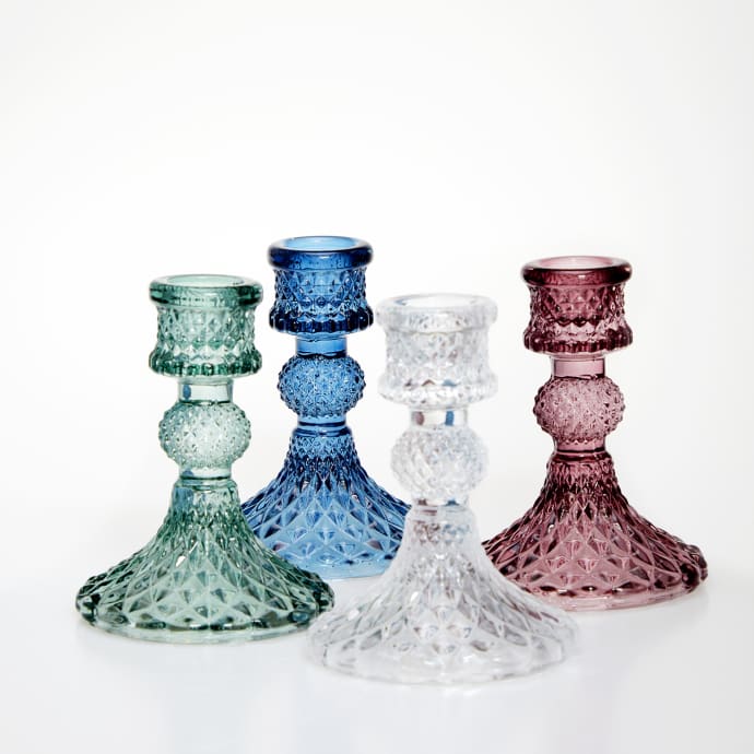 Coloured Pressed Glass Candlesticks - Blue - BurrowandNestblue coloured glass candlestick holder weddings table decorations home or gifts 1