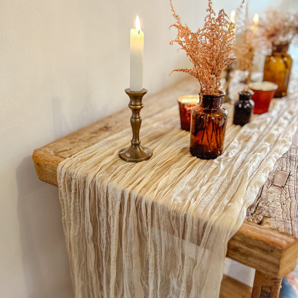Neutral Champagne Coloured Crinkled Cheesecloth Table Runner 3m - PRE ORDER DELIVERY EARLY MAY