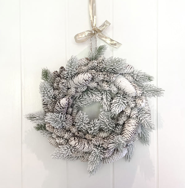 Small Snow Covered / Frosted Christmas Door Wreath with Pine Cones 40cm