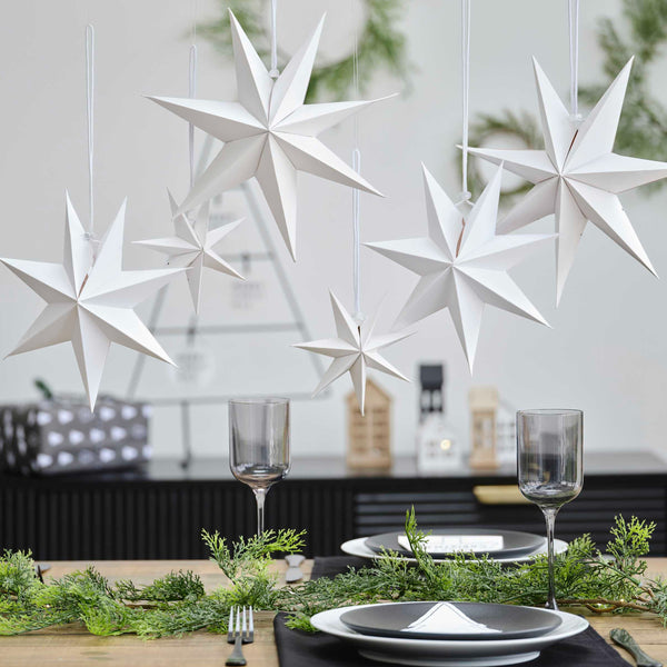 6 x Large White 3D Paper Stars (15cm - 30cm)  - Scandi Christmas